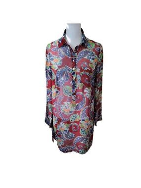 Fashion Union Shirt Dress Sheer Tunic Burgundy Multicolor Boho Women's Size XS